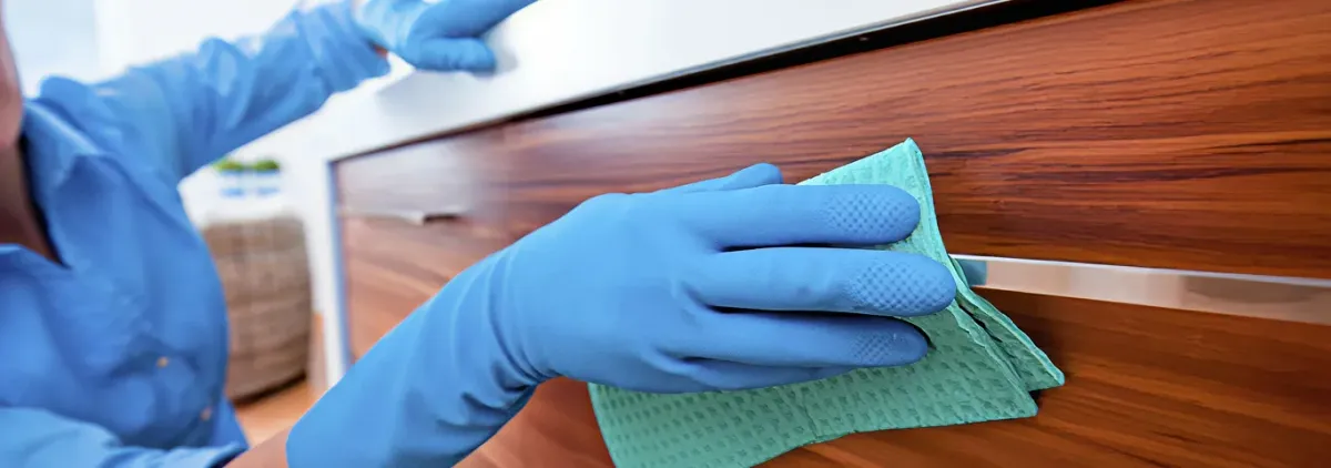 Cleaner wearing blue gloves wiping a wooden cabinet drawer with a microfiber cloth for dust and grime removal, Clearwater, FL.